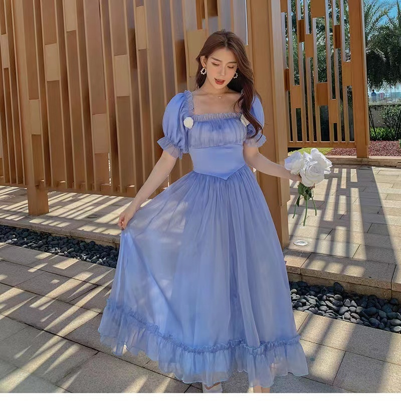 French High-Quality Blue Princess Dress Ladies One-Shoulder Open Back Bow  Banquet Light Luxury Su | Shopee Philippines