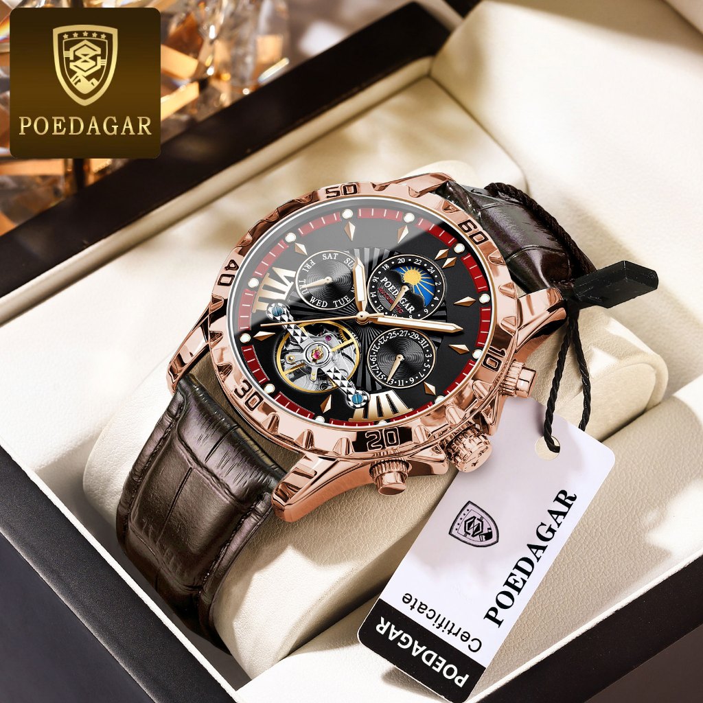 POEDAGAR Automatic Mechanical Watch For Men Waterproof Original Business  Leather Multifunction Mens Watches