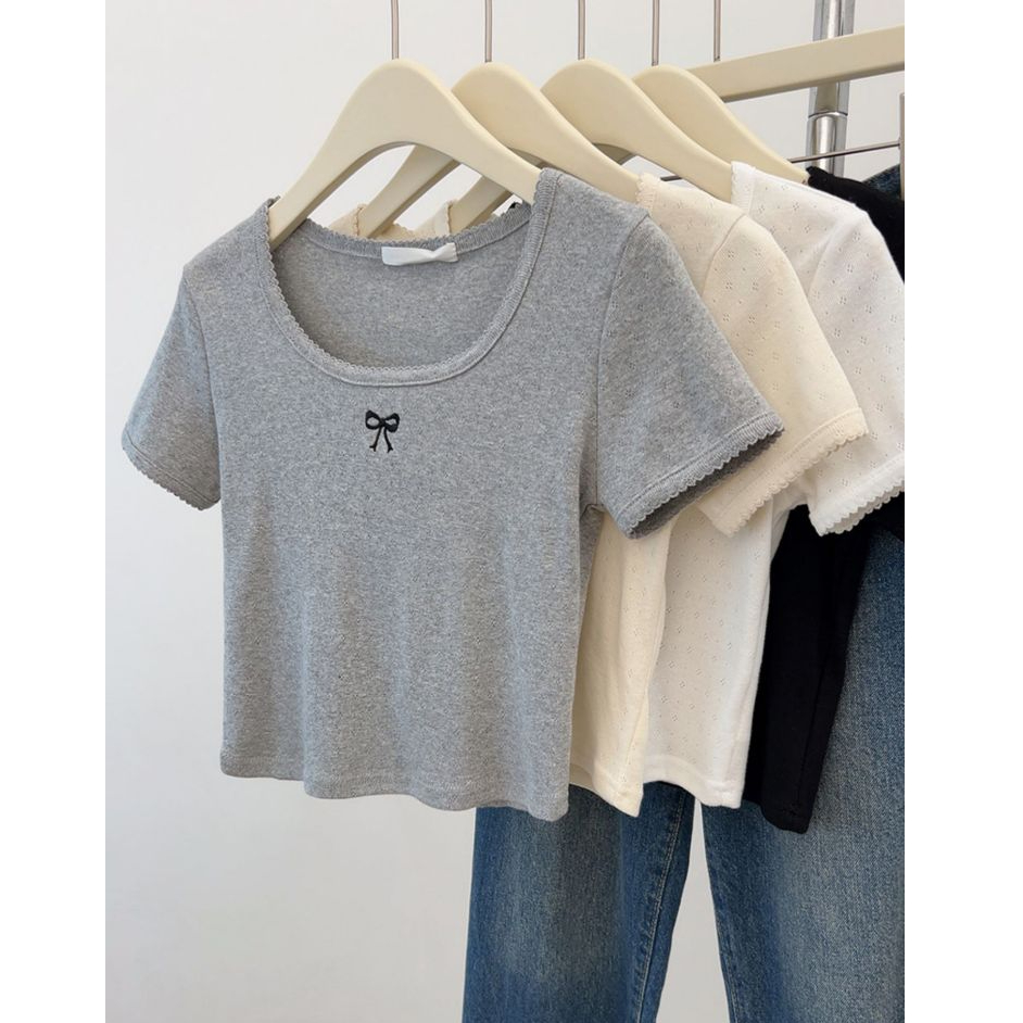 Sequin Bow Round Neck Short Sleeve T-Shirt