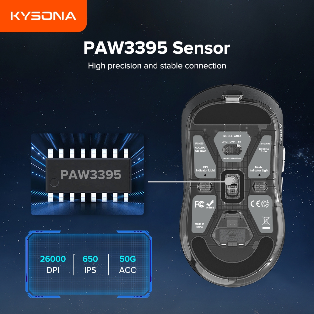 KYSONA Aztec Gaming Mouse Wireless PAW3395 Max 26000 DPI Lightweight ...