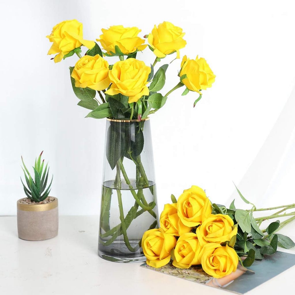 10pcs Fake Roses Artificial Silk Flowers Faux Rose Flower Long Stems ...