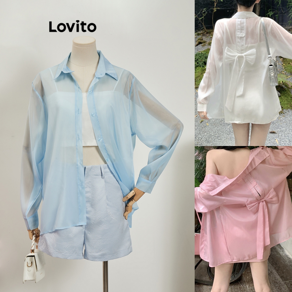 Lovito Casual Plain Bow Back Long Sleeves Blouse For Women Lna