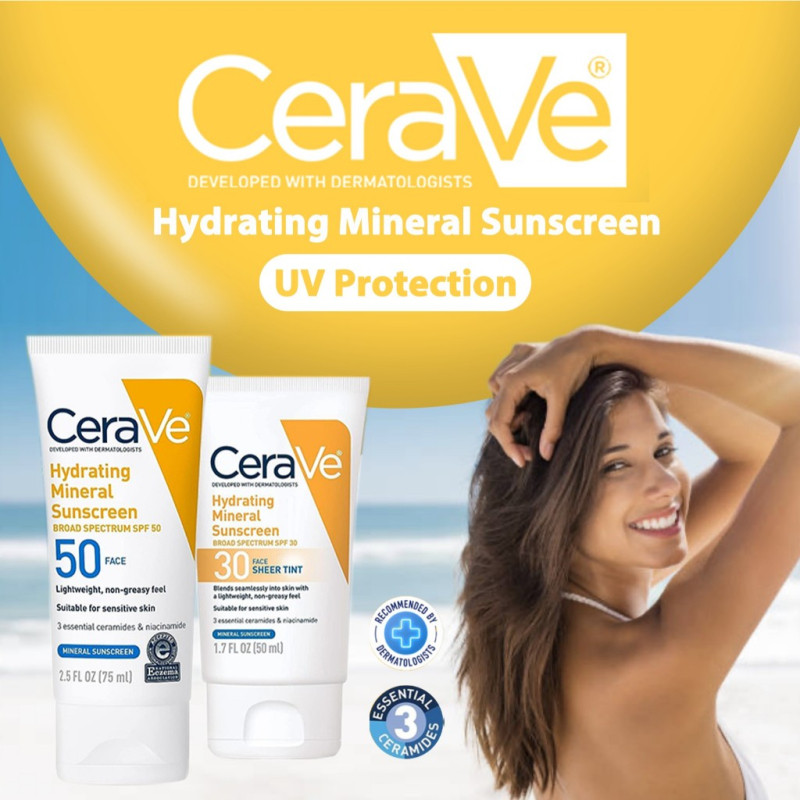 CeraVe Hydrating Mineral Sunscreen SPF 30 / 50 Lightweight Sunscreen ...