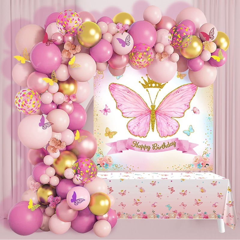 101pcs Pink Butterfly Balloon Happy Birthday Banner Tablecloth Birthday ...