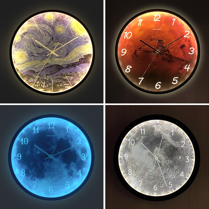 Led Night Light Wall Clock Hanging Glow Silent Clock Round Clock ...