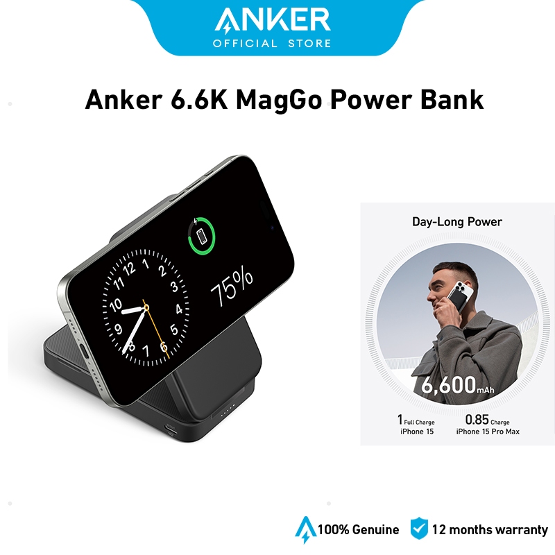 Anker MagGo Power Bank, Qi2 Certified 15W Ultra-Fast Portable Charger,  6,600mAh Battery Pack with Adjustable and Foldable Stand