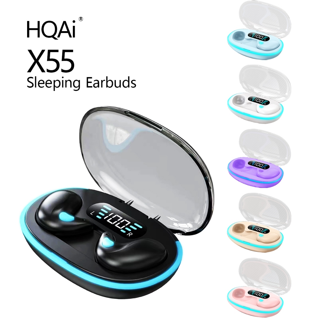 HQAi X55 Sleeping Earbuds with Hi Fi Stereo Sound Waterproof Build in Mic Noise Cancelling For Andriod For All Smart Phones Touch Control Earphones