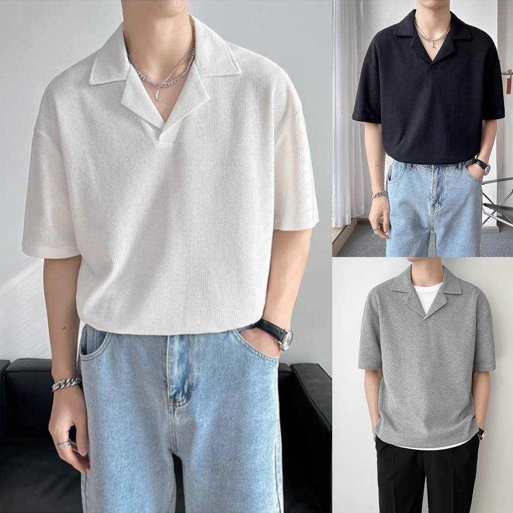 Polo Shirt Men Korean 2026.Plain waffle polo shirt for men high quality white polo Korean style ...