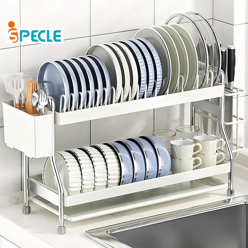 iSPECLE【Recommend】2/3Tiers Stainless Steel Dish Rack with Drainer Dish ...