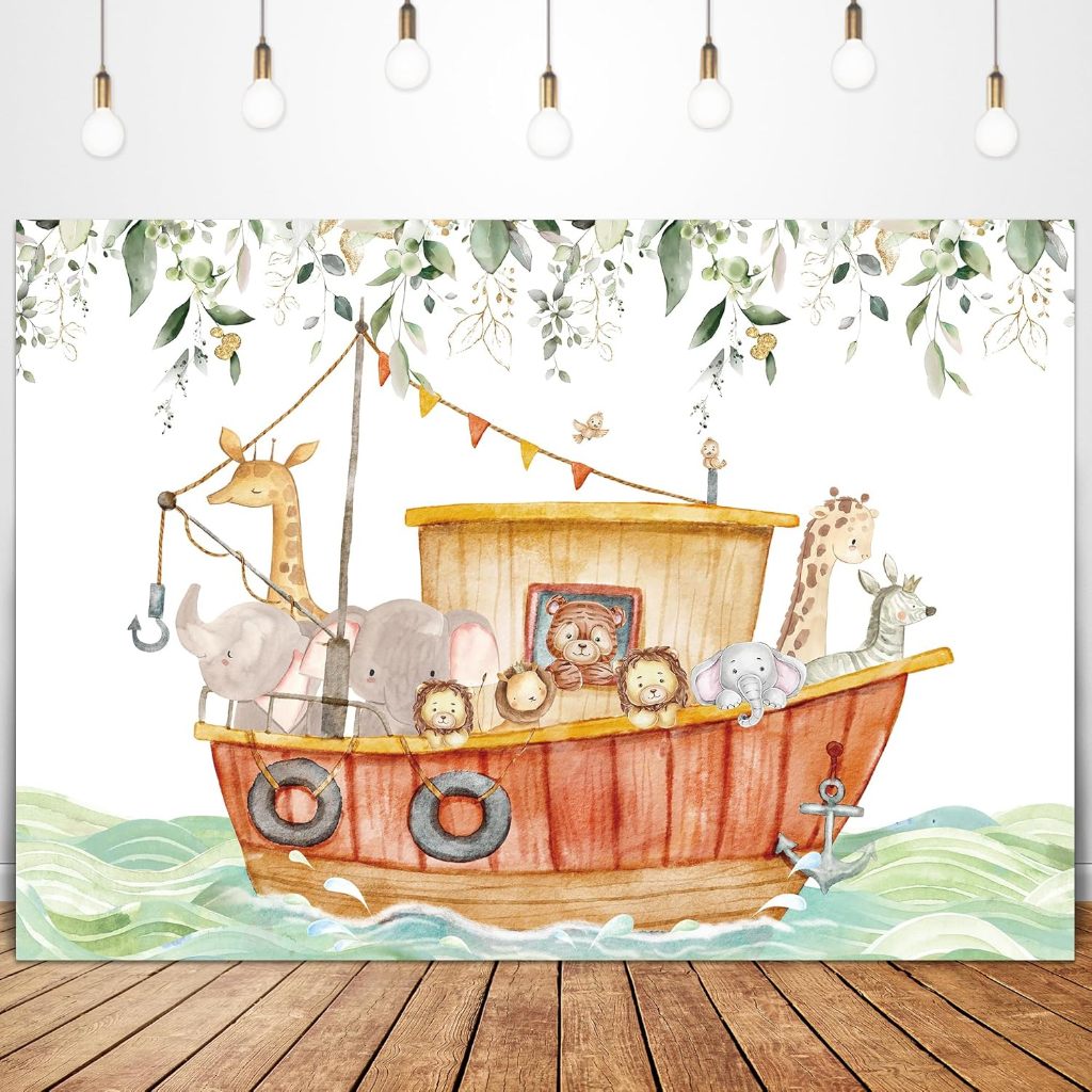 Oh Baby! 10x10ft Watercolor Noah's Ark Photo Backdrop - Eucalyptus & Ocean Animals Baby Shower Decor