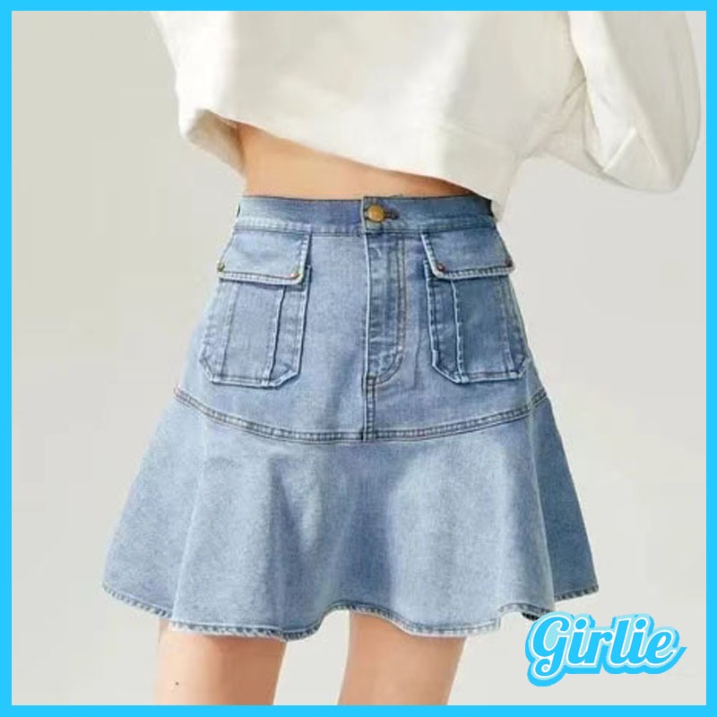 TAVIMART  -  High Waist Denim Mini Skirt Women Korean Vintage New Fashion Slimming Versatile Denim Button Lotus Leaf Pleated Skirts Female