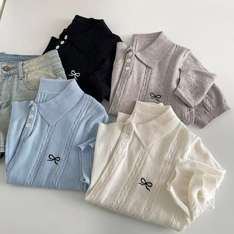 Knitted Slim Round Neck Short Long Sleeve Top