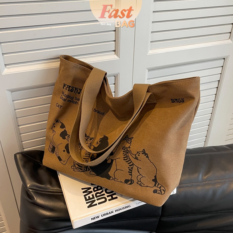 FT063 Cat Fashion Portable Tote Bag For Girl With Zipper Large Capacity  Canvas Woman Schoolbag