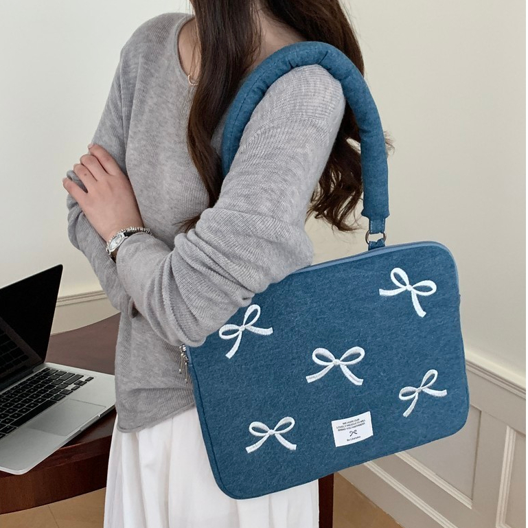 Laptop Bag Ins Korean Fashion Denim Love Heart Bow Tie One Shoulder  Shockproof Tablet PC Liner Package Suitable for Inches