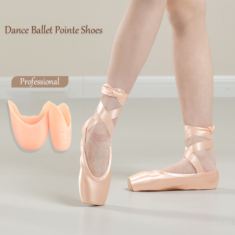 Women Girls Ballet Dance Shoes Satin Slippers Gymnastics Flats Split Sole  With Ribbon Plus Toe Pads