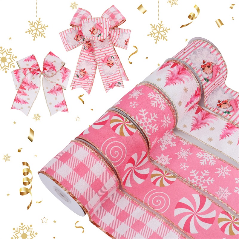 Wired Pink Christmas Ribbon Snowflake Checkered Grosgrain Ribbon for ...