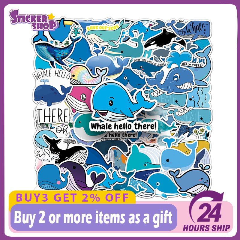 51PCS Whale Dolphin Sticker Pack Cartoon Sea Animals Kids Waterproof ...