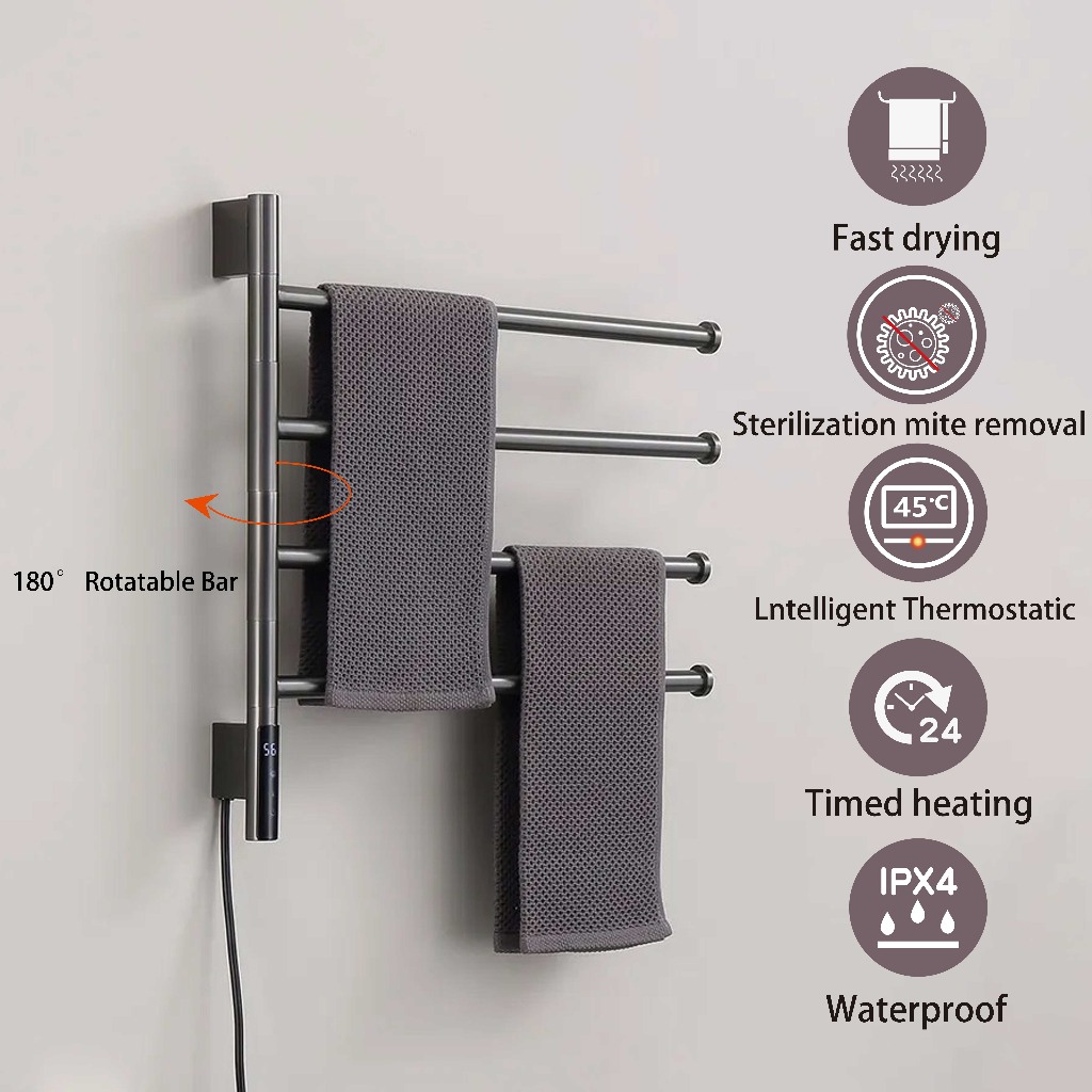 Bathroom Heated Towel Rack 180° Rotating Thermostatic Electric Towel ...