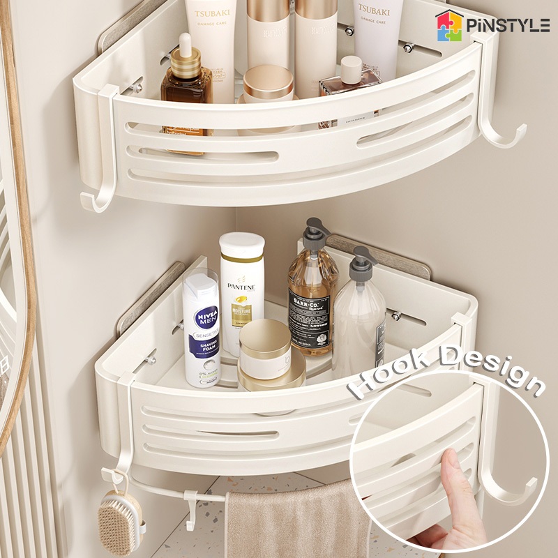 Pinstyle Bathroom Organizer Cream Rack Punch-Free Bathroom Corner Shelf ...