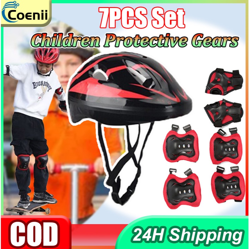 7Pcs Set Cycling Helmet Kids Helmet Knee Elbow Pad Sets Adjustable for ...