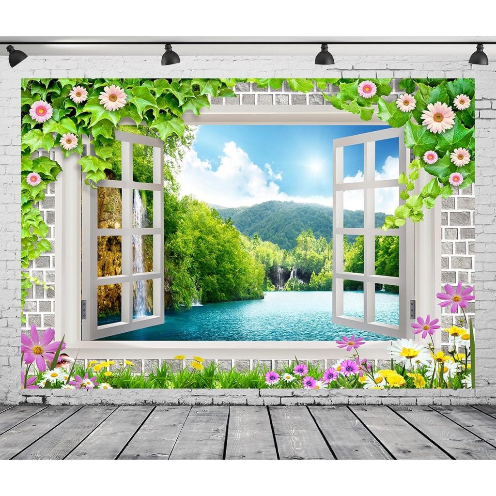 Window View Mountains Photography Backdrop Flowers Window Nature ...