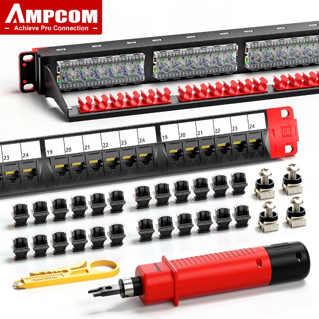 AMPCOM CAT6 Patch Panel 24 Ports, Industrial Series 50U Gold Plated ...