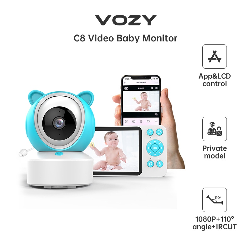 VOZY 5" WiFi Video Baby Monitor 1080P Feeding Reminder Temperature