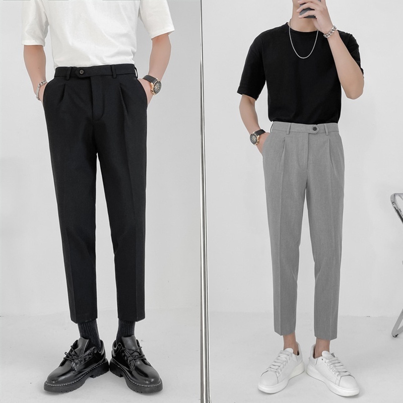Men's plus size fashionable Korean slim fit suit pants straight leg ...