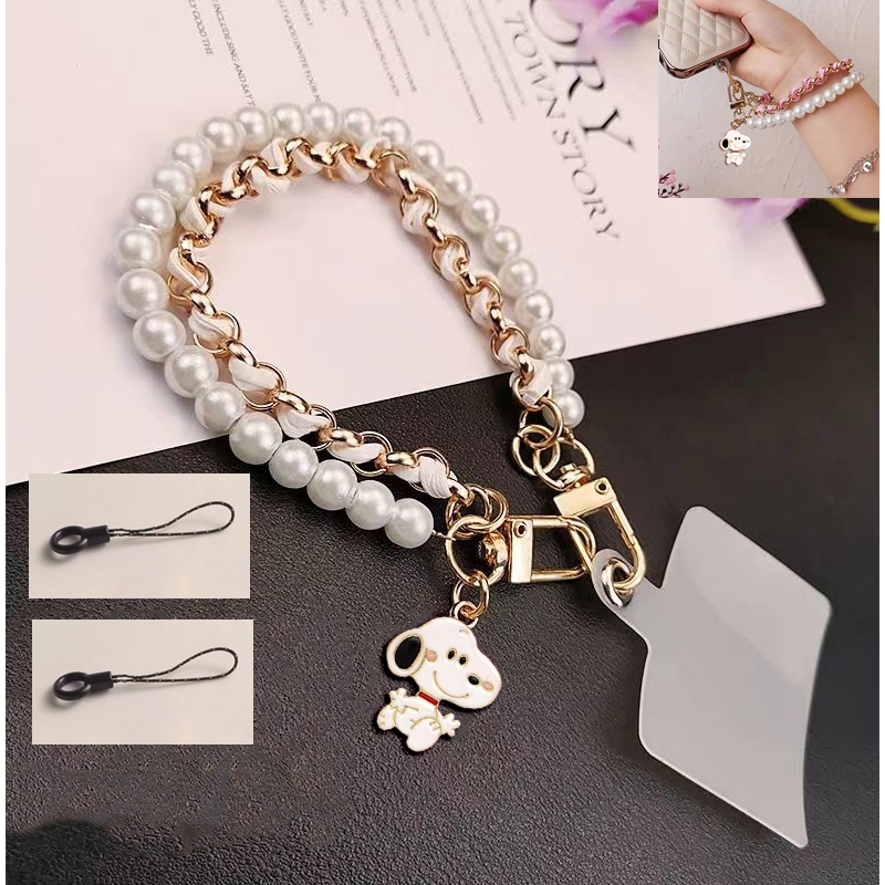 Fashion Cute Snoopy Pearl Keychain Mobile Phone Charm Wristband Lanyard ...