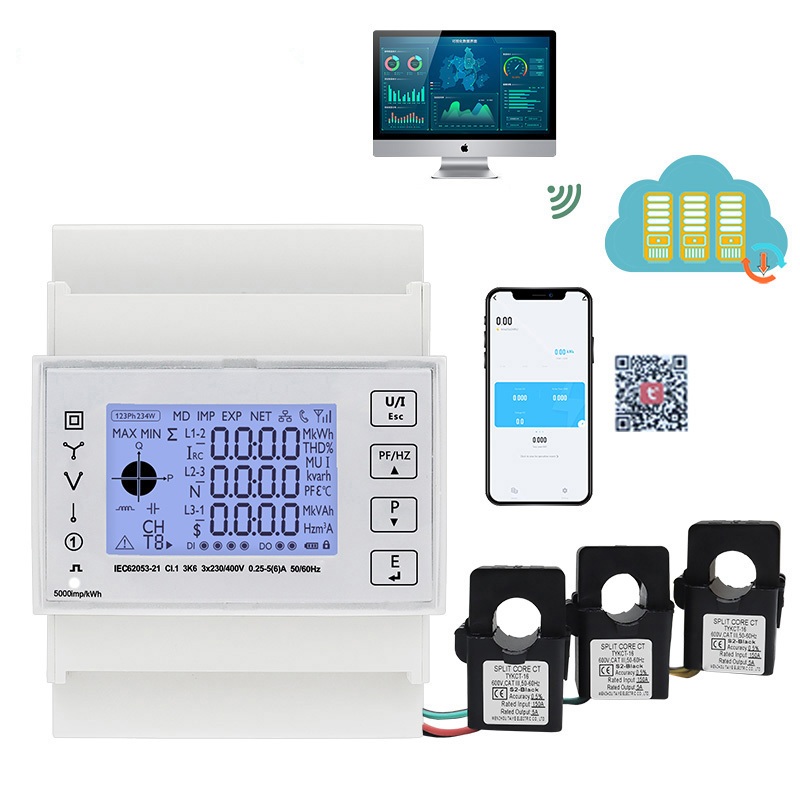TAC4321CT Three Phase Din Rail WiFi Tuya Mutil-function Energy Meter ...