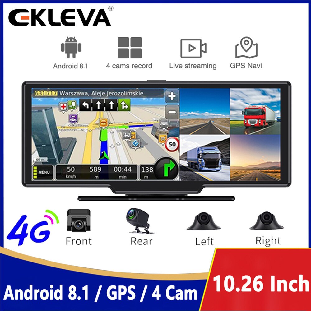 EKLEVA 4G Video Recorder Android 8.1 Car DVR 4 Channel Lens Dashboard