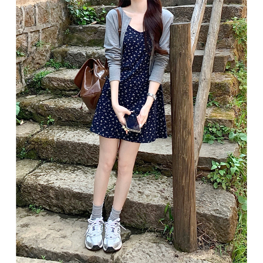 77025 Navy Blue Floral Dress Gray Long Sleeved Knitted Cardigan Shopee Philippines