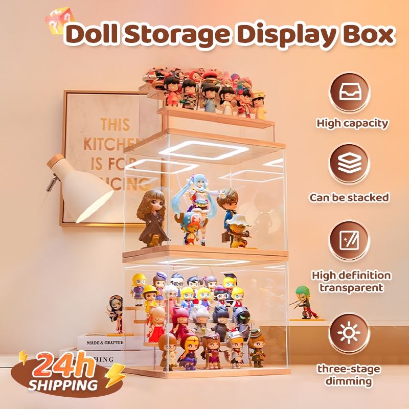 Acrylic Display Case with Lights Dust-proof Wooden Toys Organizer ...