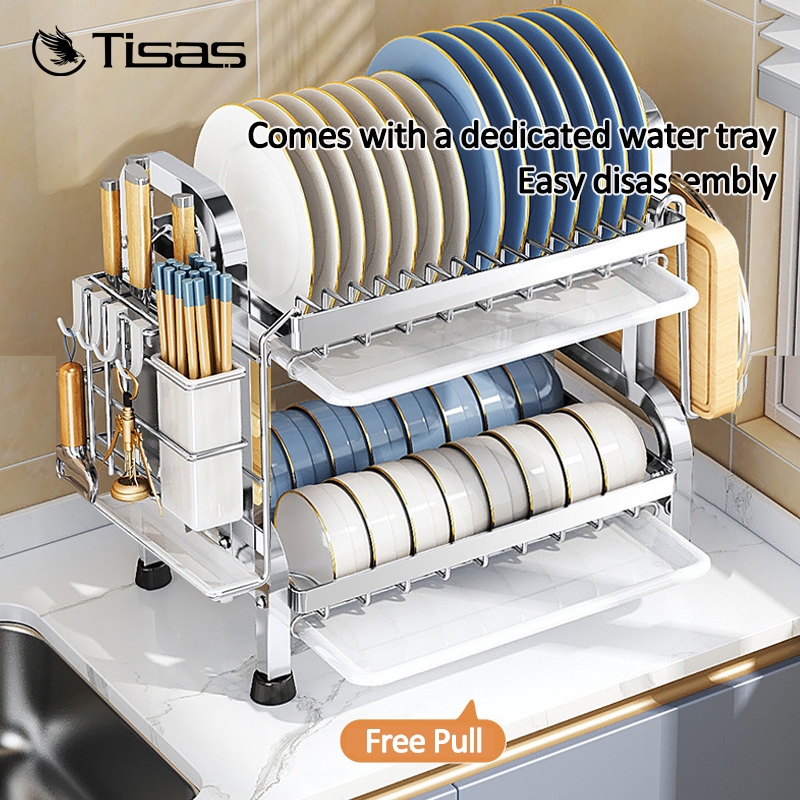 TISAS 304 Stainless Steel 2-Tier Dish Rack with Drainer Kitchen Dish ...