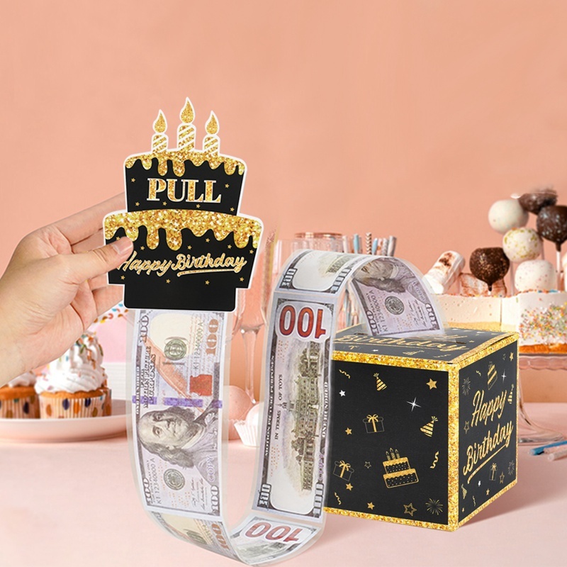 30pcs Black Gold Happy Birthday Money Box Pull-Out Cash Surprise Box ...