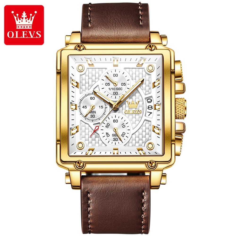 OLEVS 9925 Square Quartz Watch for Men Chronograph Waterproof Auto Date  Golden Men's Wristwatch Leather Strap Casual Sport Watch