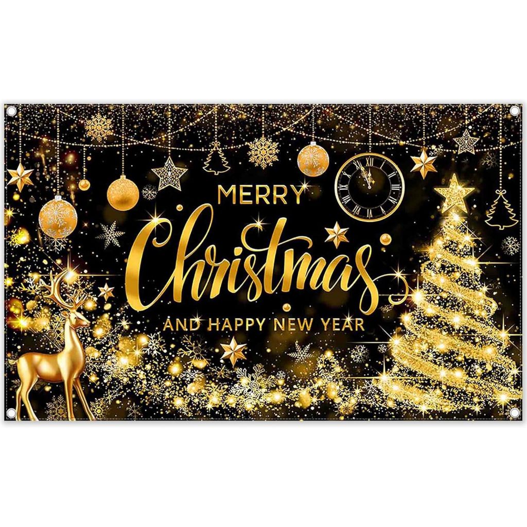 Black And Gold Round Merry Christmas Backdrop
