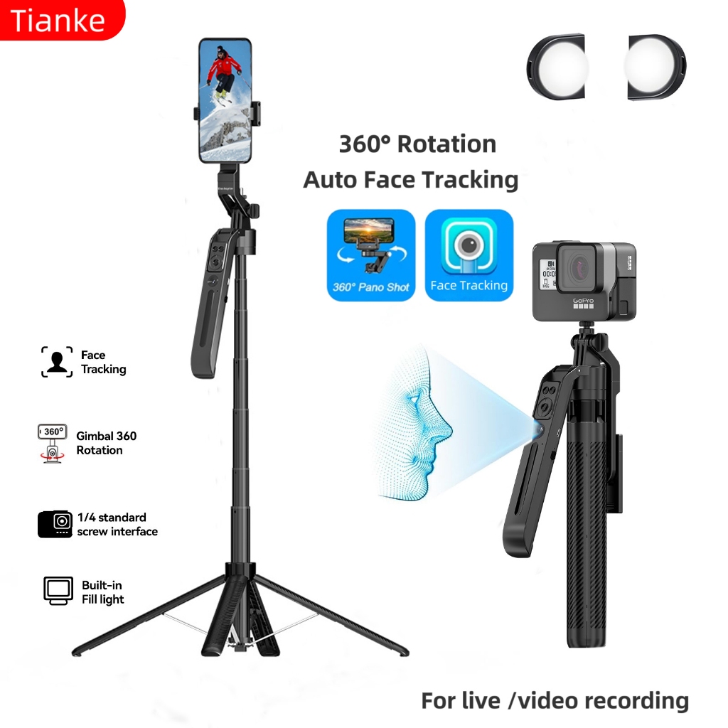 【New deals】Tiankeplus Smart Facial Tracking 180CM Selfie Stick Tripod 360  Rotation Portable Foldable Cell Phone Tripod Stand Stabilizer for Travel