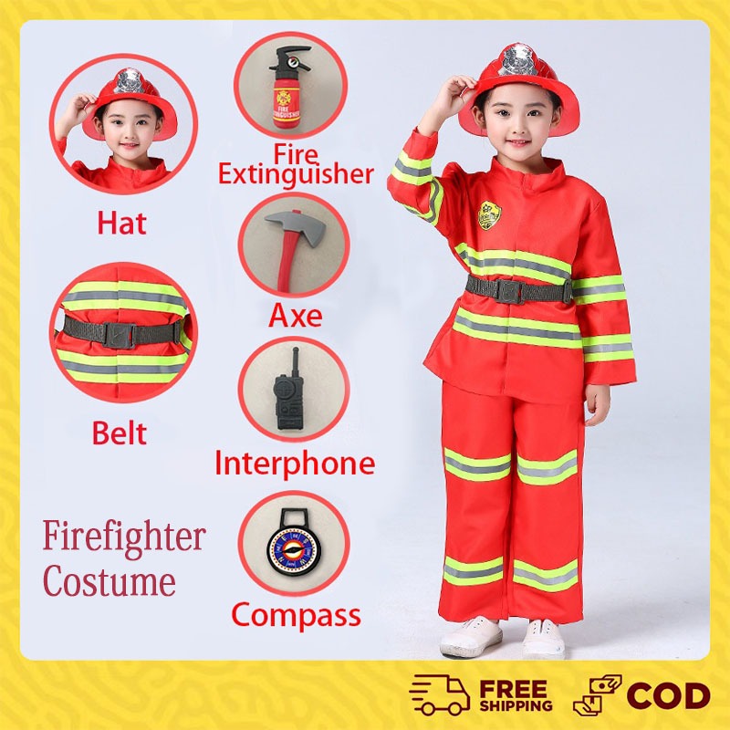 Fireman Costume for Kid boy Girl Fire Fighter Costume Halloween Cosplay ...