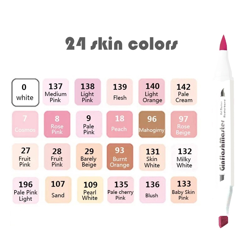 Ginflash 24 Skin Tone Brush&Chisel Tip Art Marker Pen Brush Pen Sketch