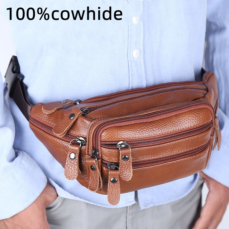 100% Genuine Leather Waist bag Cowhide men's bag chest bag belt bags travel  sling backpack