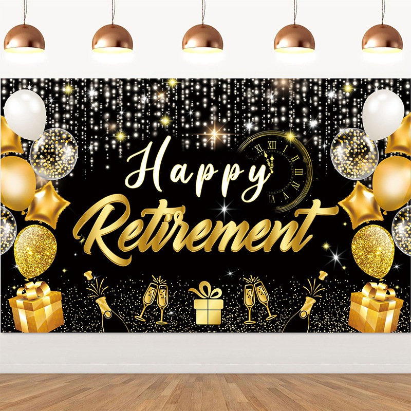 Happy Retirement Backdrop Banner Background Photo Booth, Black and Gold ...