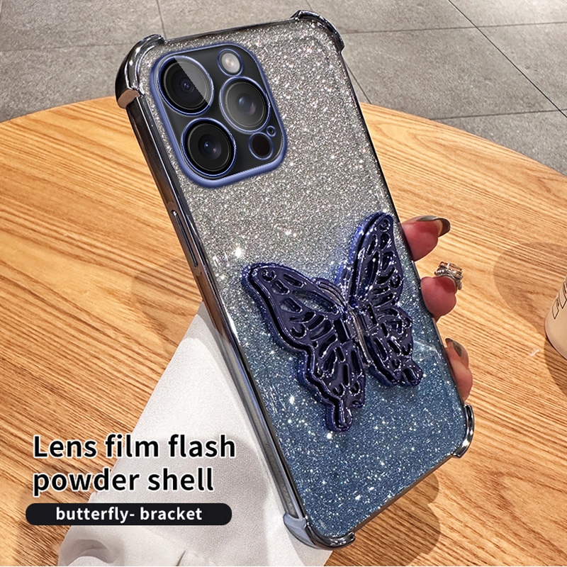 Glitter Butterfly Bracket Stand Phone Case for iPhone 15 14 13 Pro Max for  iPhone 14 15 Plus Plating Shockproof Silicone Cover