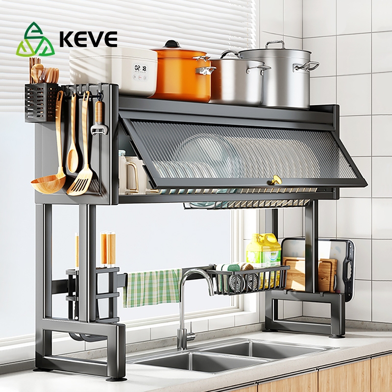 KEVE Dish Rack Over The Sink Dish Rack Organizer Cabinet Dustproof Dish  Drying Rack With Cabinet Door Kitchen Organizer