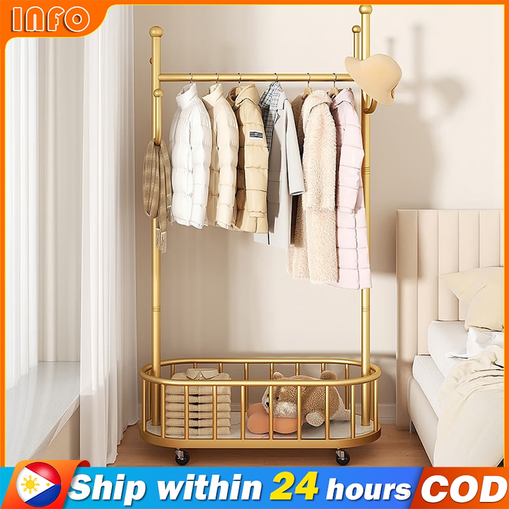 Movable Clothes Rack Bedroom Clothes Hanger With Basket Universal ...
