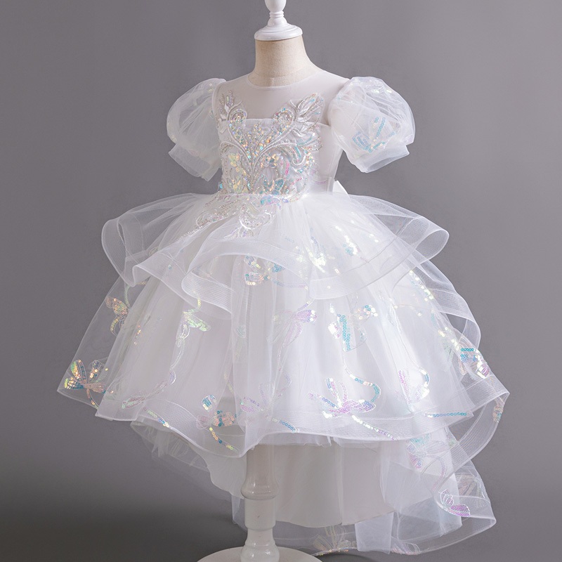 Girls Birthday Party Dress Children White Sequin Princess Dress