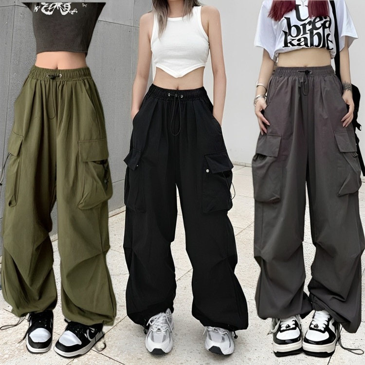Women's Baggy Cargo Jogger Pants - High Waisted Drawstring Paratrooper Style For Streetwear & Dance