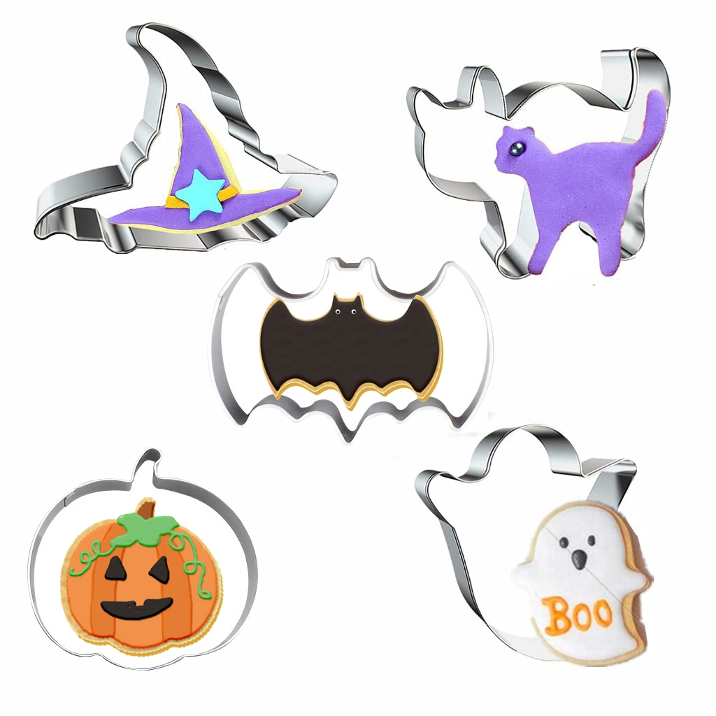 5-Piece Halloween Cookie Cutter Set - Pumpkin, Bat, Ghost, Witch Hat & Cat Shapes