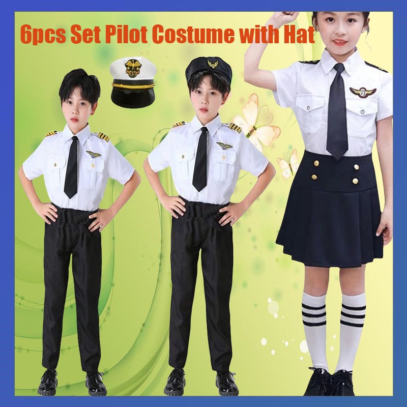 6pcs Set Pilot Costume with Hat for Kids Boys Girls Career Guidance ...