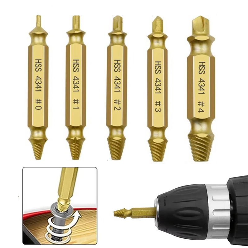 5PCS HSS Screw Damage Extractor Drill Bit Set Titanium-plated Double ...